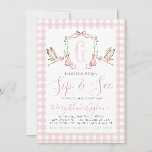 Invitación Sip and See Baby Girl Watercolor Stork (Subido por el creador)