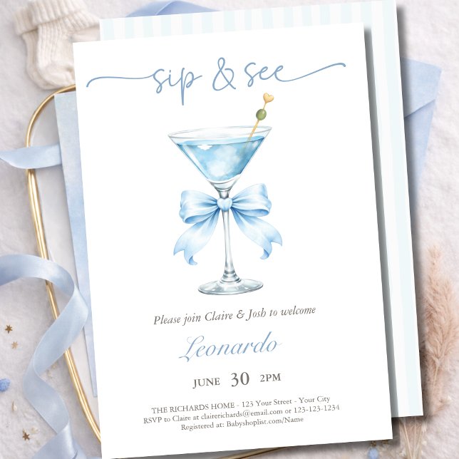 Invitación Sip and See Coquette Blue Bow Baby Boy (Subido por el creador)