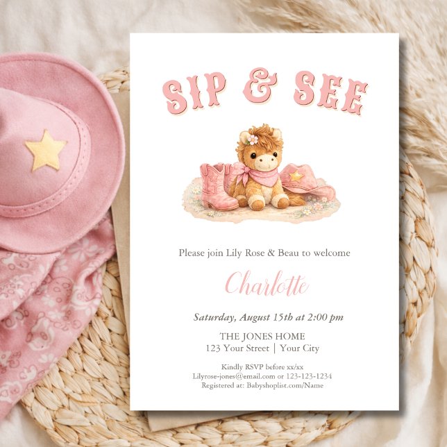 Invitación Sip and See Western Little Cowgirl Baby Girl (Subido por el creador)