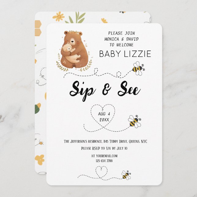 Invitación Sip de oso de bebé y ver personalizado (Anverso / Reverso)
