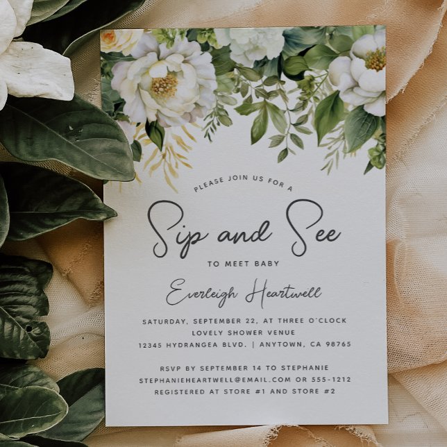 Invitación Sip de vegetación floral blanca y ver Baby Shower (Subido por el creador)
