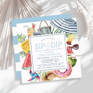 Invitación Sip & Dip Pool Party Umbrella Blue Bridal Shower