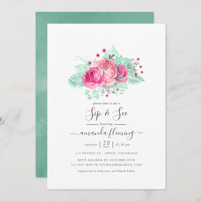 Invitación Sip floral rosa y de menta y ver (Anverso / Reverso)