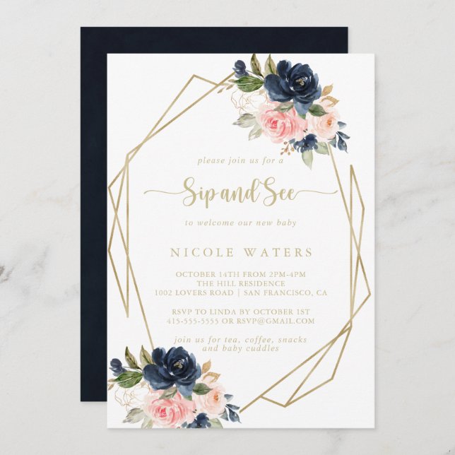 Invitación Sip geométrica de oro floral y ver (Anverso / Reverso)