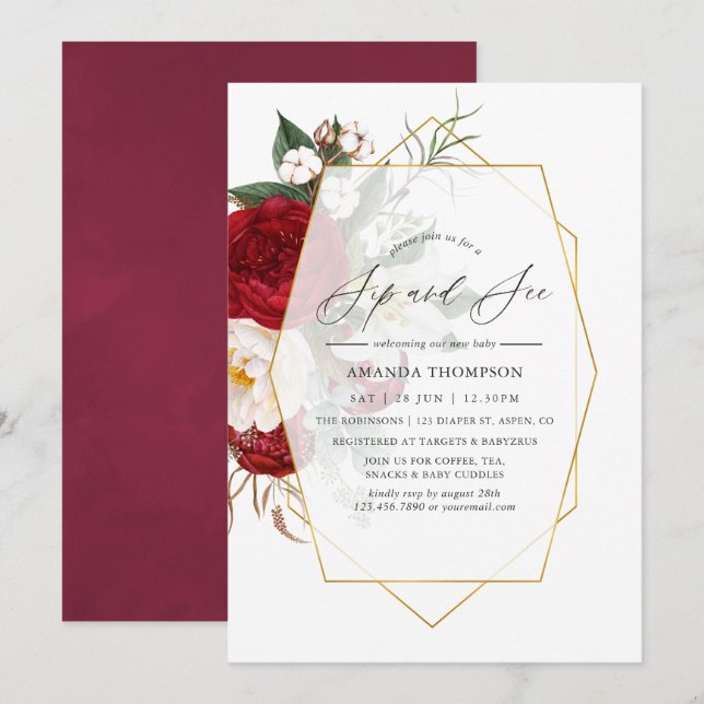 Invitación Sip geométrico borgoñoso y floral blanca y ver (Anverso / Reverso)