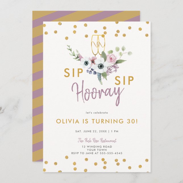 Invitación Sip Hooray Bubbly Rosas de flores Gold 30 cumpleañ (Anverso / Reverso)