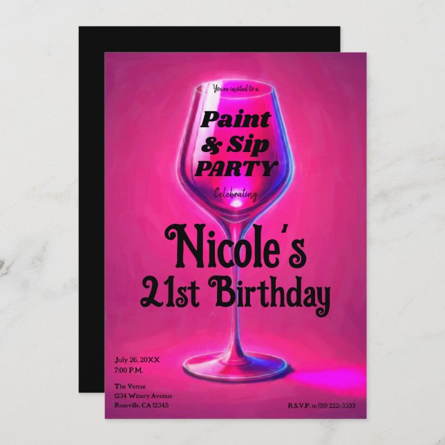 Invitación Sip & Paint Wine Glass 21st Birthday Fiesta (Anverso / Reverso)