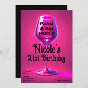 Invitación Sip & Paint Wine Glass 21st Birthday Fiesta