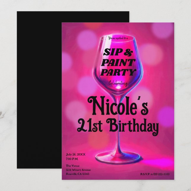 Invitación Sip & Paint Wine Glass 21st Birthday Fiesta (Anverso / Reverso)
