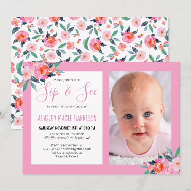 Invitación Sip & See Baby Girl Photo Pink Floral Baby Shower (Anverso / Reverso)