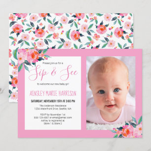 Invitación Sip & See Baby Girl Photo Pink Floral Baby Shower