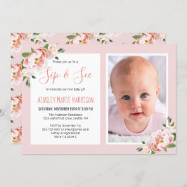 Invitación Sip & See Baby Girl Photo Rubor Floral Baby Shower