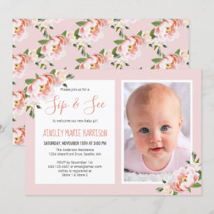 Invitación Sip & See Baby Girl Photo Rubor Floral Baby Shower