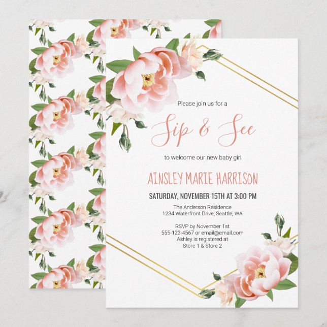 Invitación Sip & See Baby Girl Rubor Floral Baby Shower (Anverso / Reverso)