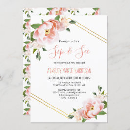Invitación Sip & See Baby Girl Rubor Floral Baby Shower