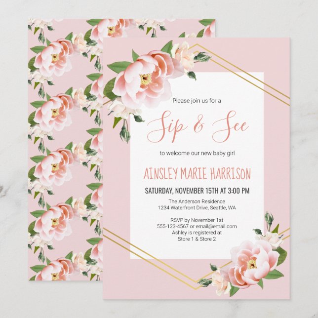 Invitación Sip & See Baby Girl Rubor Floral Baby Shower (Anverso / Reverso)