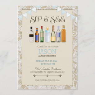 Invitación Sip & See Botellas de encaje de arpillera Niño azu