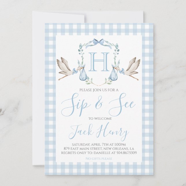 Invitación Sip & See Boy Stork Preppy Blue Gingham (Anverso)