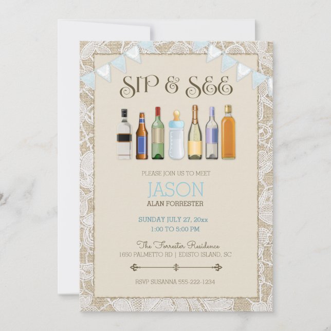 Invitación Sip & See Burlap Lace Botellas Blue Boy Bungalows (Anverso)