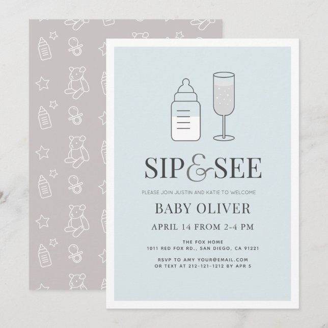Invitación Sip & See Champán Botella Baby Shower Azul (Anverso / Reverso)
