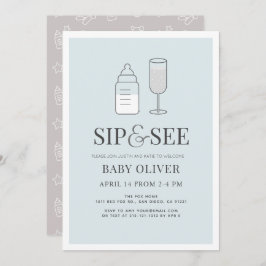 Invitación Sip & See Champán Botella Baby Shower Azul