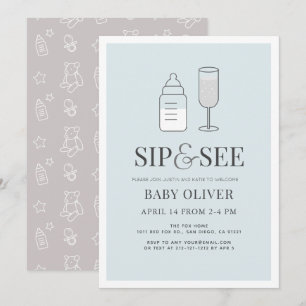 Invitación Sip & See Champán Botella Baby Shower Azul