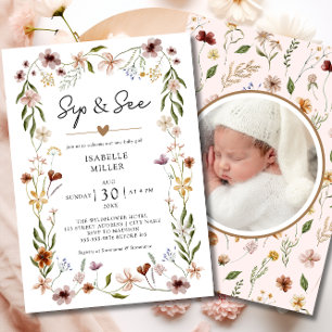 Invitación Sip & See Elegant Wildflower Pink Baby Girl
