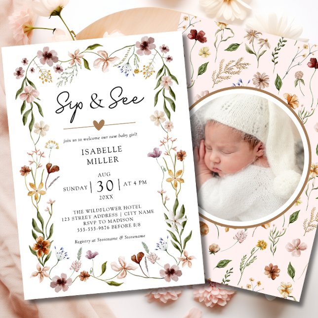 Invitación Sip & See Elegant Wildflower Pink Baby Girl (Sip & See Elegant Wildflower Pink Baby Girl Invitation)