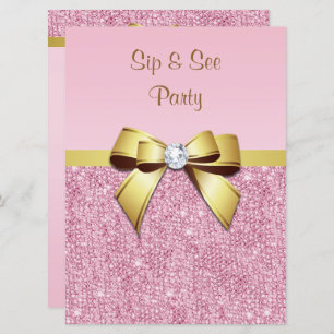 Invitación Sip & See Faux Pink Sequins Gold Bow