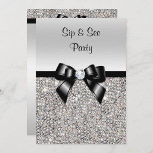 Invitación Sip & See Fiesta Silver Sequines Black Bow
