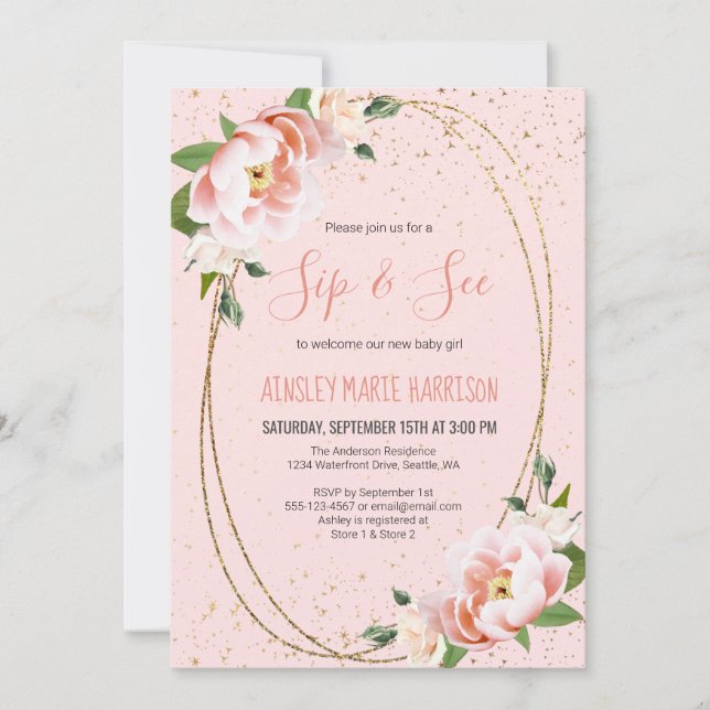 Invitación Sip & See Gold Rubor Floral Baby Shower (Anverso)