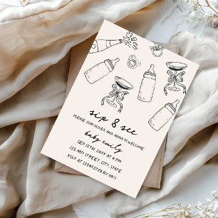Invitación Sip & See Hand Illustrated B&W Baby Boy Chica