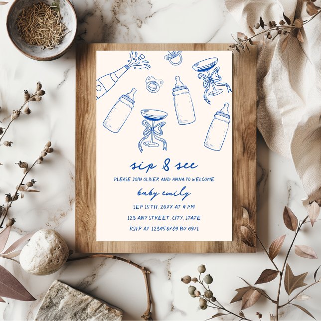 Invitación Sip & See Hand Illustrated Blue Baby Boy (sip & see funky boy baby meet and greet hand illustrated blue inviation)