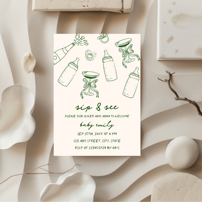 Invitación Sip & See Hand Illustrated Green Baby Boy (sip & see baby boy hand illustrated green invitation)