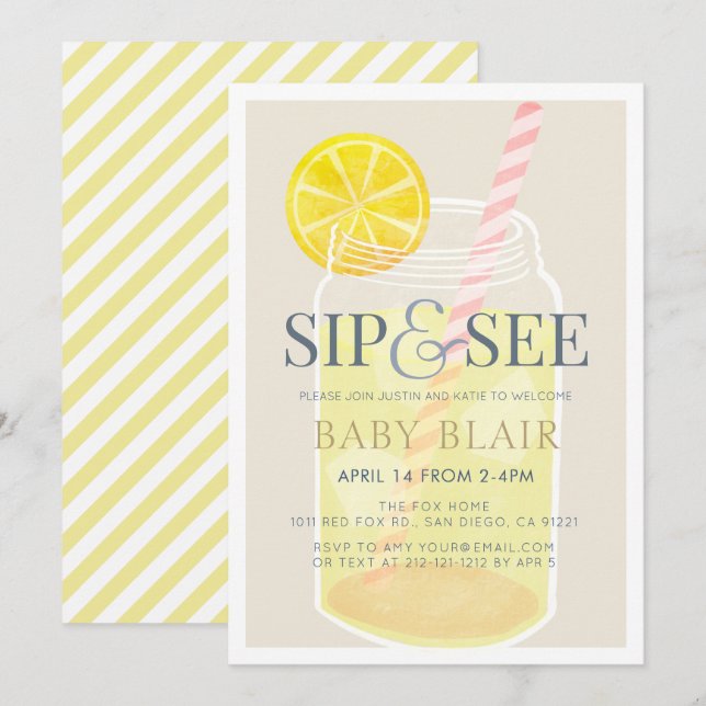 Invitación Sip & See Lemonade Mason Jar Beige Baby Shower (Anverso / Reverso)