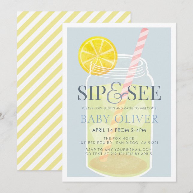 Invitación Sip & See Lemonade Mason Jar Blue Baby Shower (Anverso / Reverso)