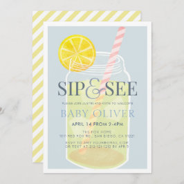 Invitación Sip & See Lemonade Mason Jar Blue Baby Shower