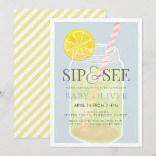 Invitación Sip & See Lemonade Mason Jar Blue Baby Shower