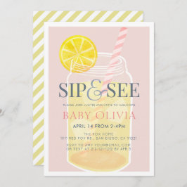 Invitación Sip & See Lemonade Mason Jar Pink Baby Shower