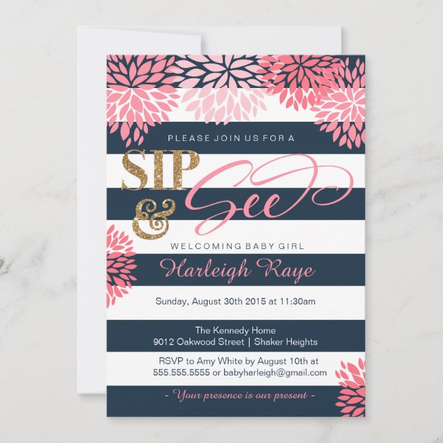 Invitación Sip & See Navy Blue and Pink Purpurina Baby Shower (Anverso)