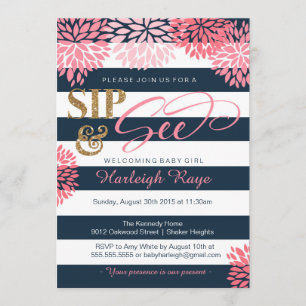 Invitación Sip & See Navy Blue and Pink Purpurina Baby Shower