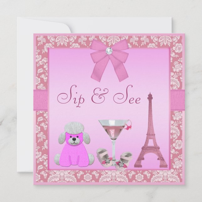 Invitación Sip & See Paris Damask Pink Poodle Baby Shower (Anverso)