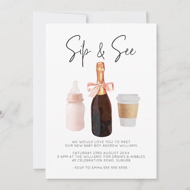 Invitación Sip & See Watercolor Champagne Café Rosa (Anverso)