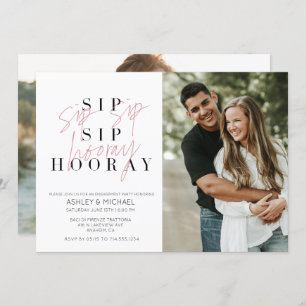 Invitación Sip Sip Hooray Black White 2 Photo Engagement