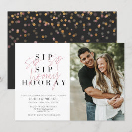 Invitación Sip Sip Hooray Black White Photo Engagement Party