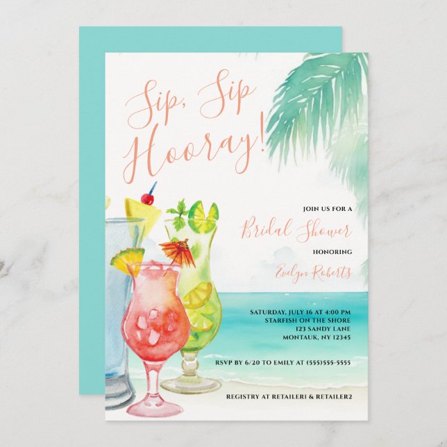 Invitación Sip Sip Hooray Cocktails Tropical Bridal Shower (Anverso / Reverso)