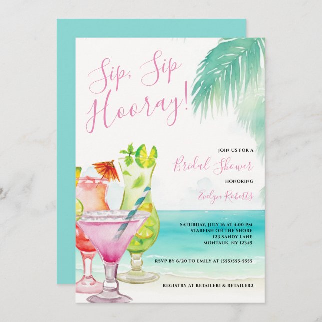Invitación Sip Sip Hooray Cocktails Tropical Bridal Shower (Anverso / Reverso)