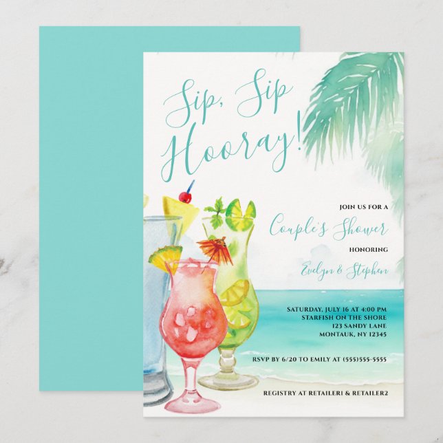 Invitación Sip Sip Hooray Cocktails tropical Ducha de pareja (Anverso / Reverso)