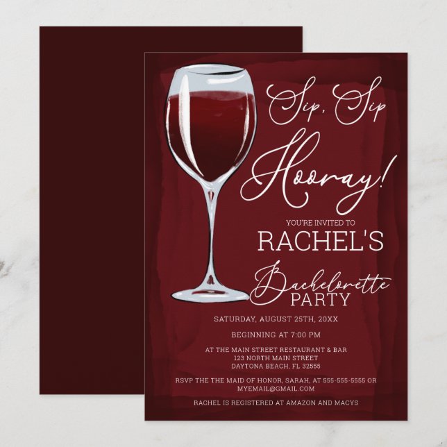 Invitación Sip Sip Hooray Fiesta de Bachelorette de Vino Rojo (Anverso / Reverso)