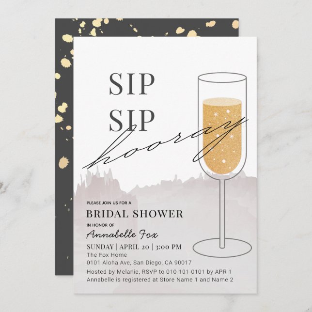 Invitación Sip Sip Hooray Gold Champagne Gray Bridal Shower (Anverso / Reverso)
